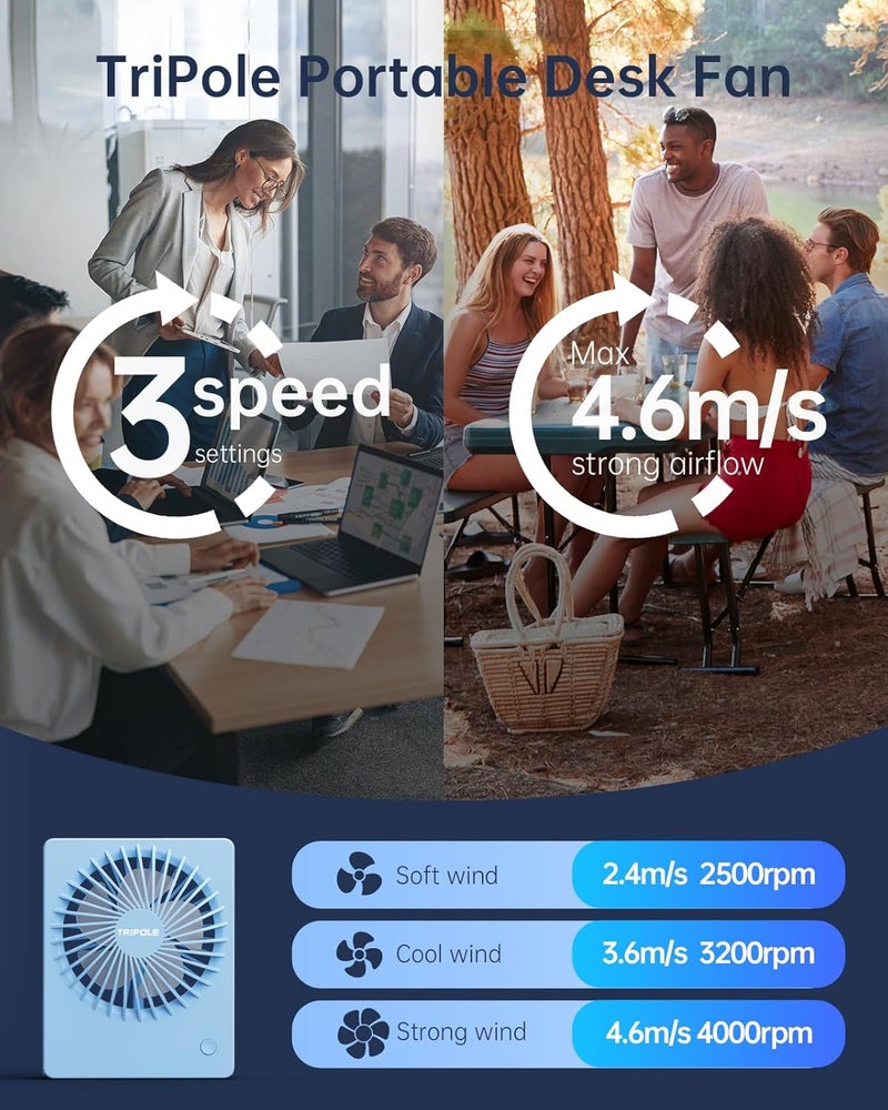 TriPole Mini Desk Fan USB Powered Portable Fan Small Personal Fan 3 Speeds Strong Airflow Table Fan for Travel Home Office Bedroom Desktop, 3.3ft Cable (No Battery, Blue) - Image 5